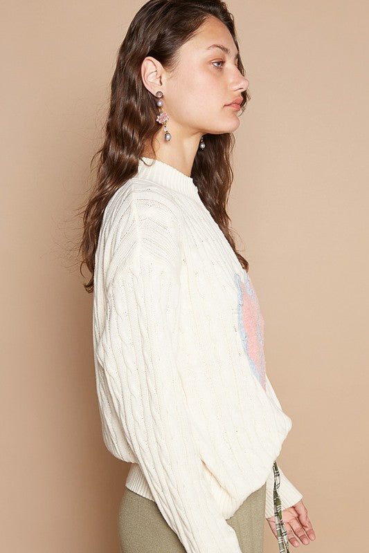 Side profile of Tranquil Harmony Cable-Knit Sweater