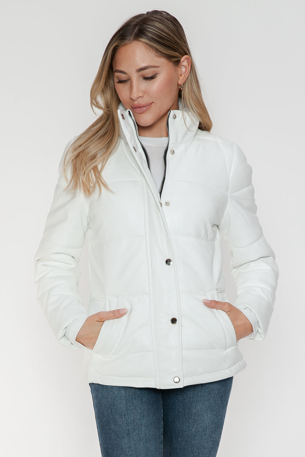 White Velours Éclat Jacket with funnel neck, front view