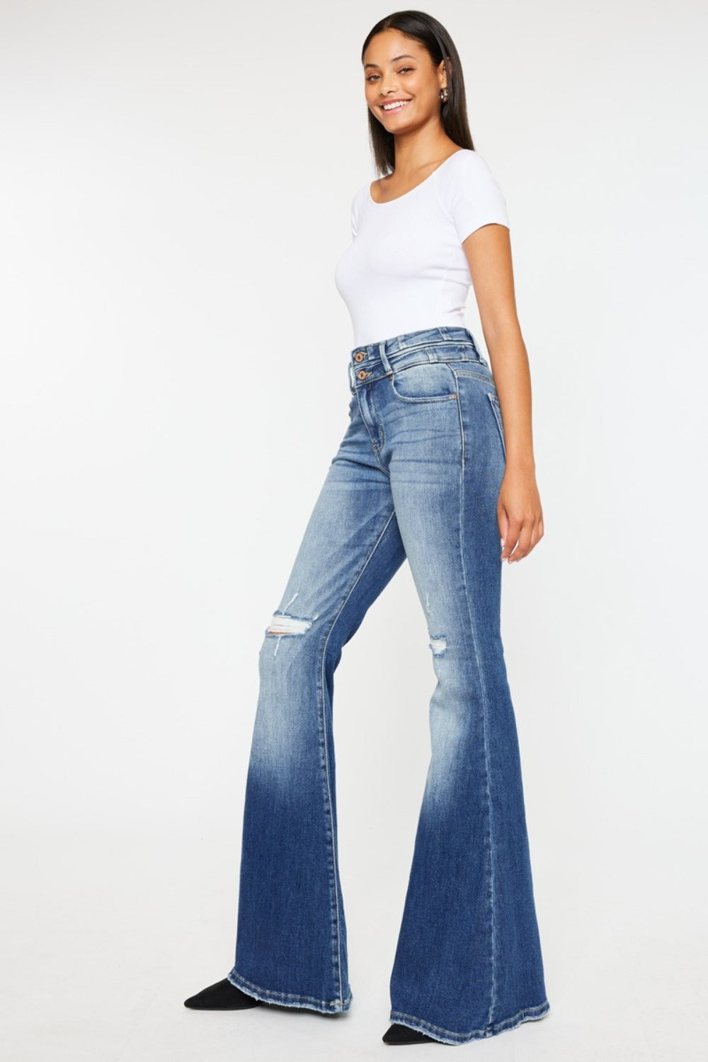 Side view of Zephyr Curve Flare wide-leg jeans