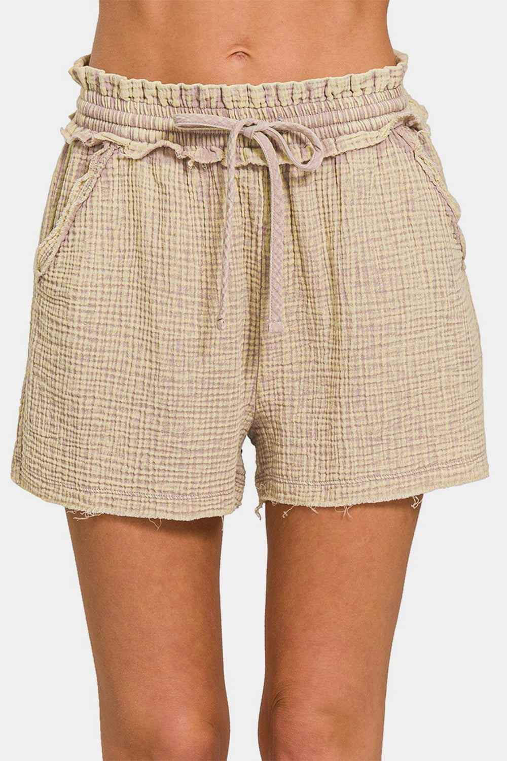 Washed Frayed Hem Drawstring Shorts | Shorts - CHANELIA