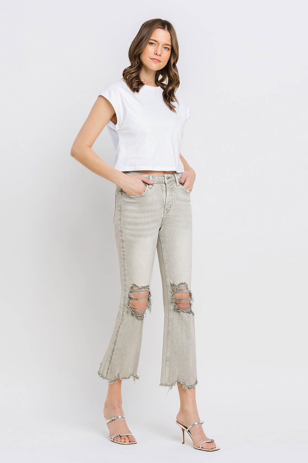 Distressed Raw Hem Cropped Flare Jeans | Jeans - CHANELIA