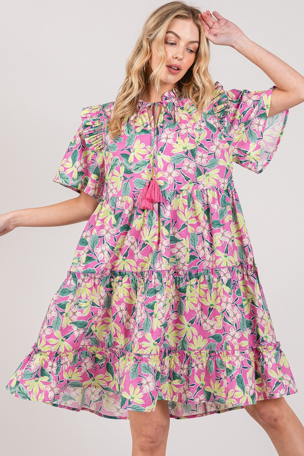 Floral Ruffle Short Sleeve Dress | Dress - CHANELIA