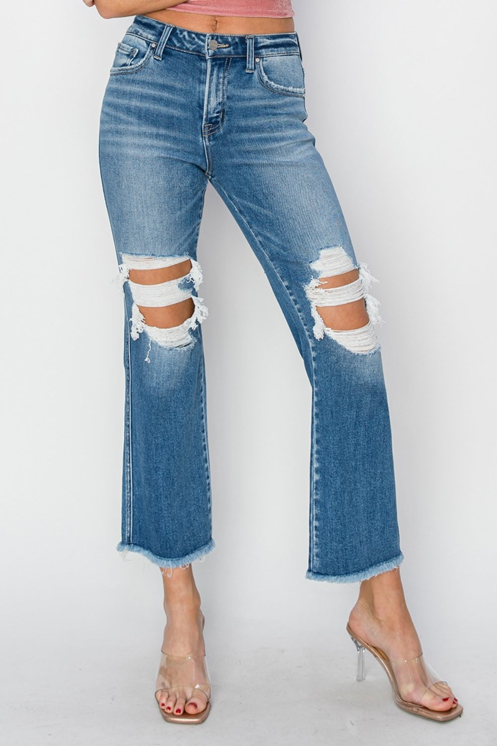 Mid Rise Distressed Cropped Flare Jeans | Jeans - CHANELIA