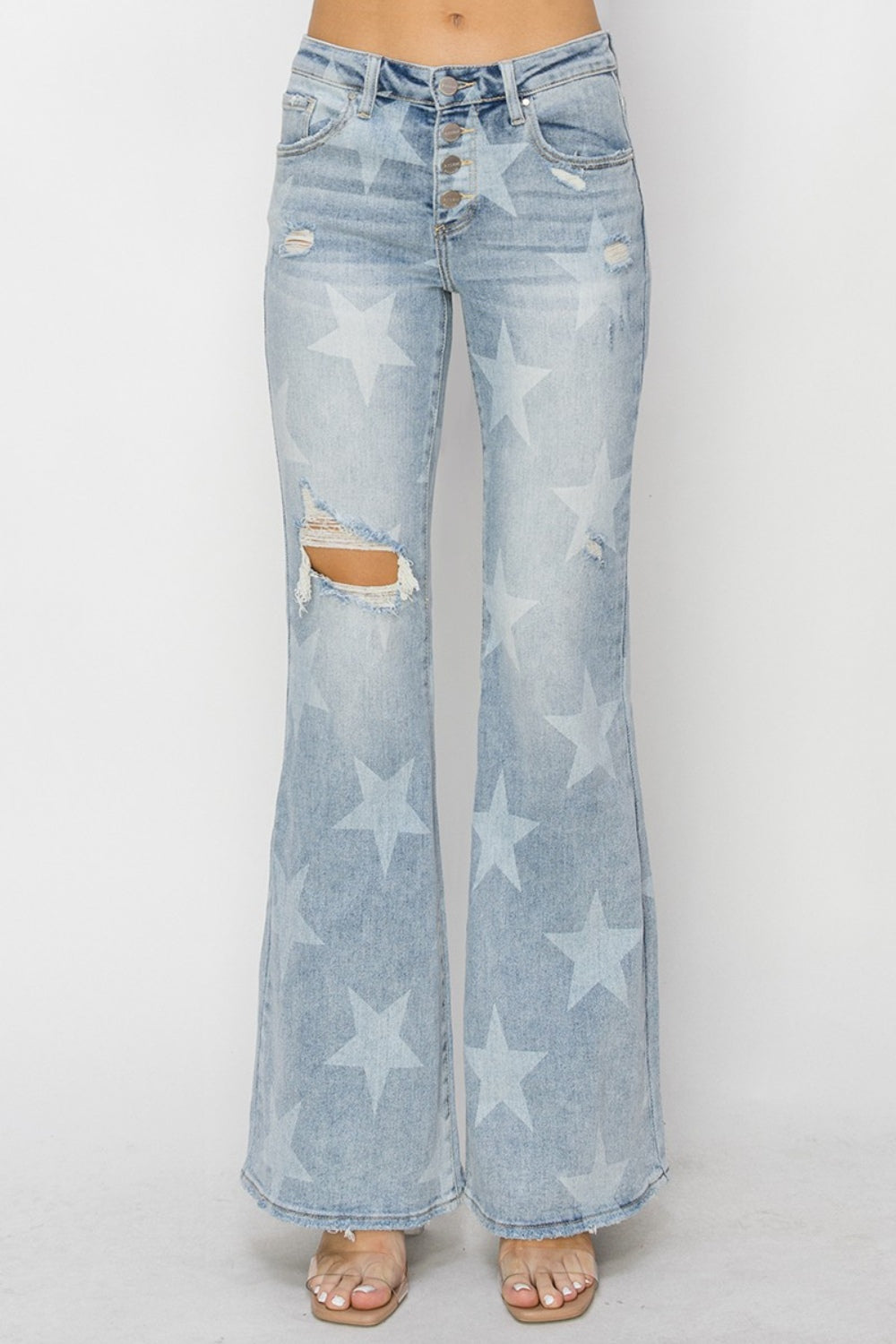 Mid Rise Button Fly Start Print Flare Jeans | Jeans - CHANELIA