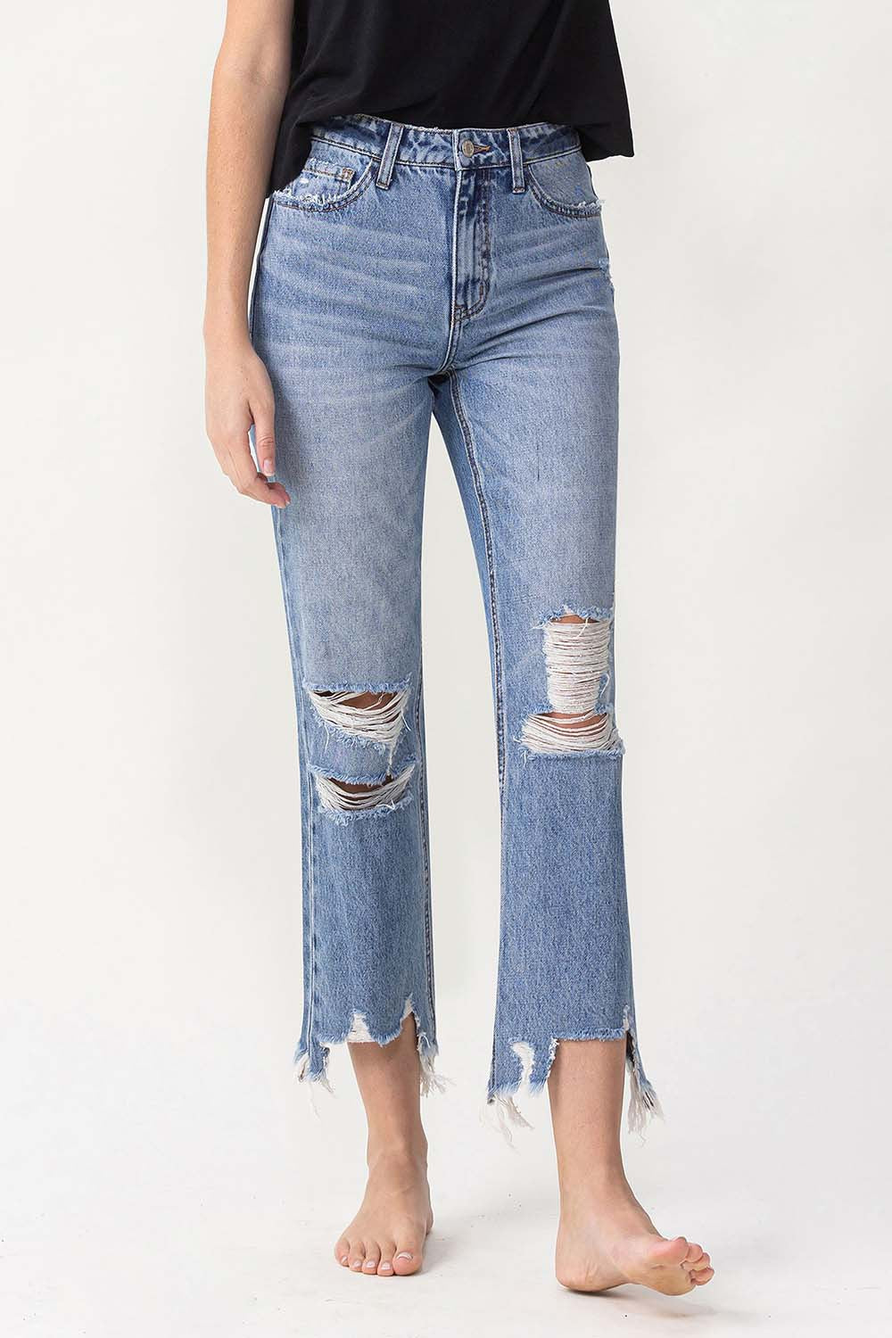 High Rise Distressed Straight Jeans | Jeans - CHANELIA