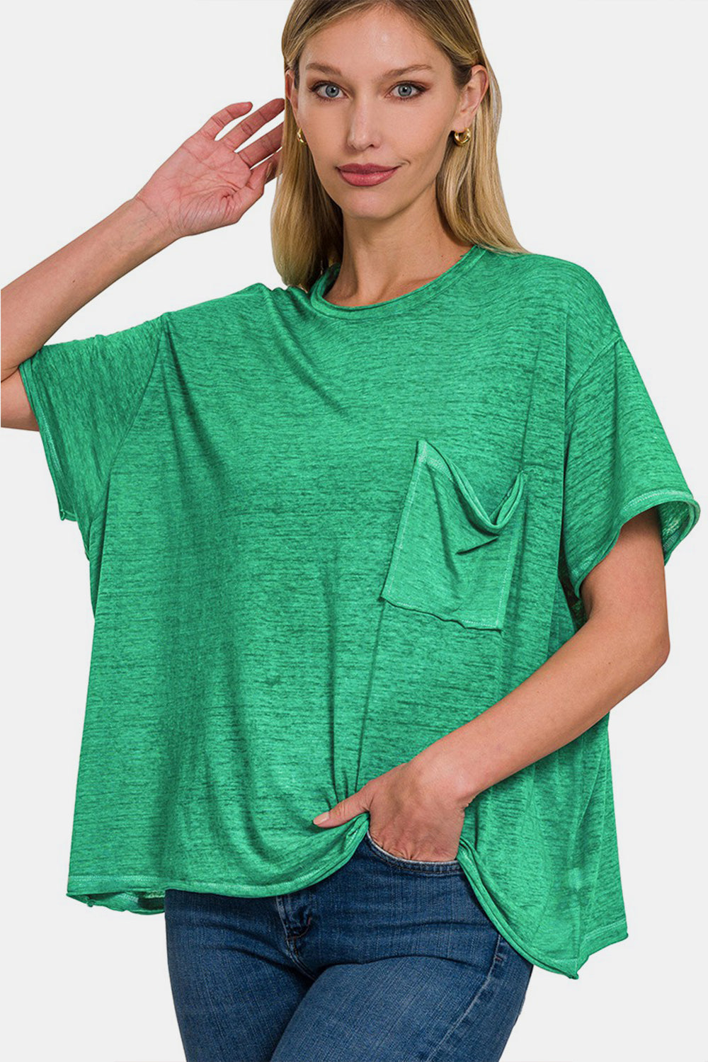 Pocketed Round Neck Dropped Shoulder T-Shirt | Tee - CHANELIA