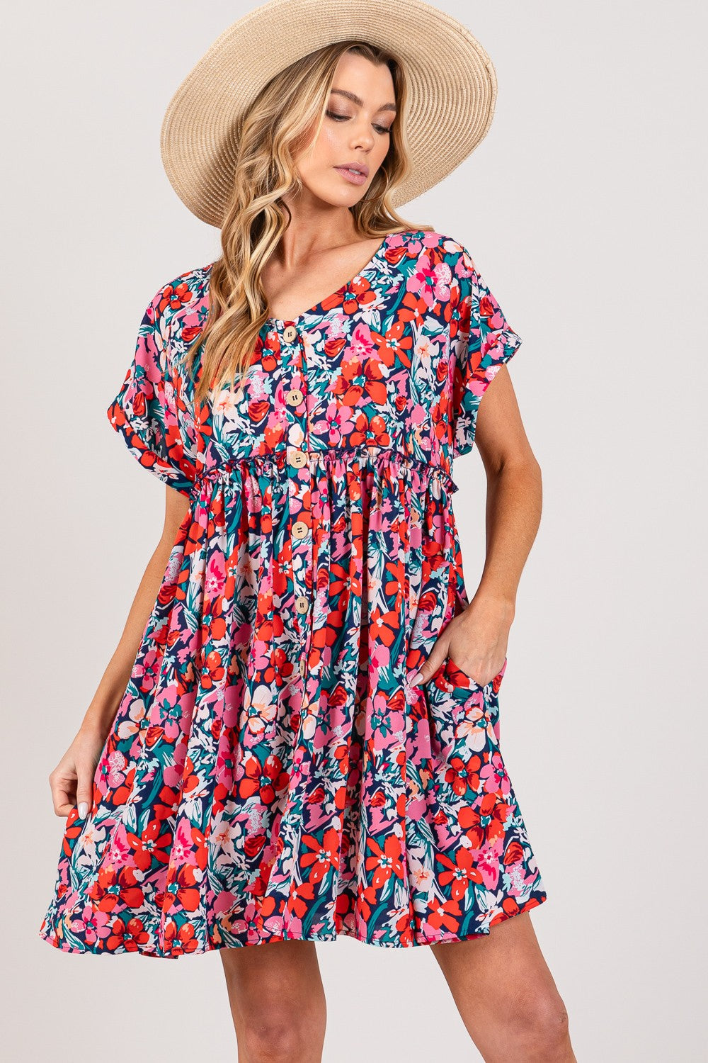 Floral Button Down Short Sleeve Mini Dress | Dress - CHANELIA