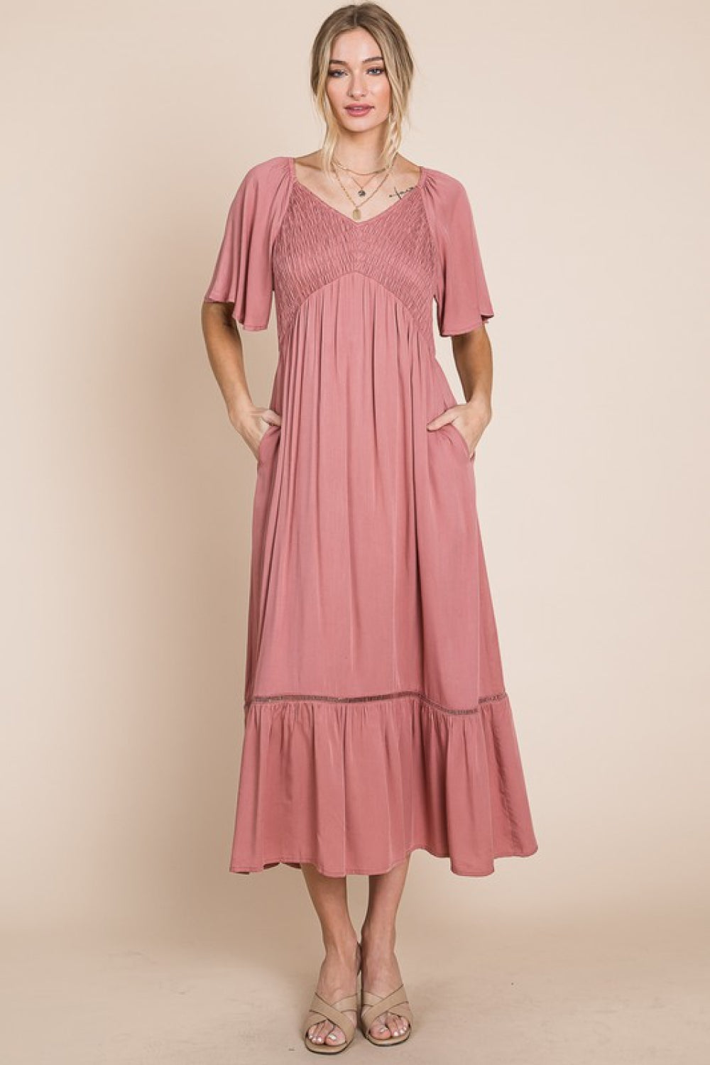 HEYSON Full Size Smocked Pocket Midi Dress in Rouge Pink | - CHANELIA