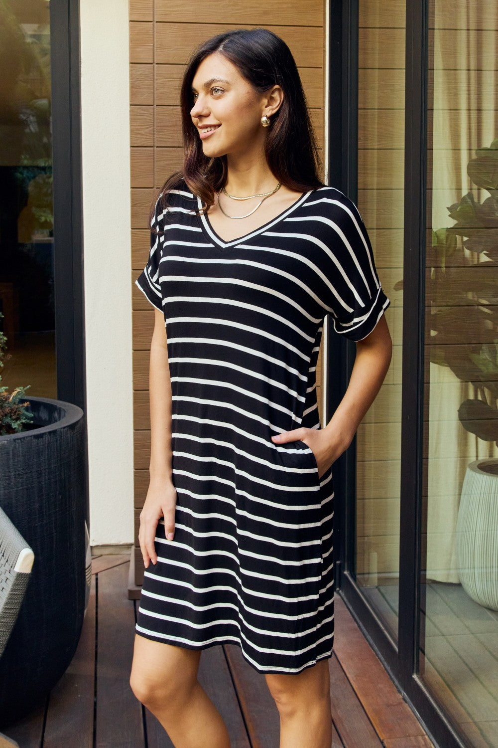 Zenana Full Size Striped V-Neck Pocket Dress in Black/Ivory | - CHANELIA