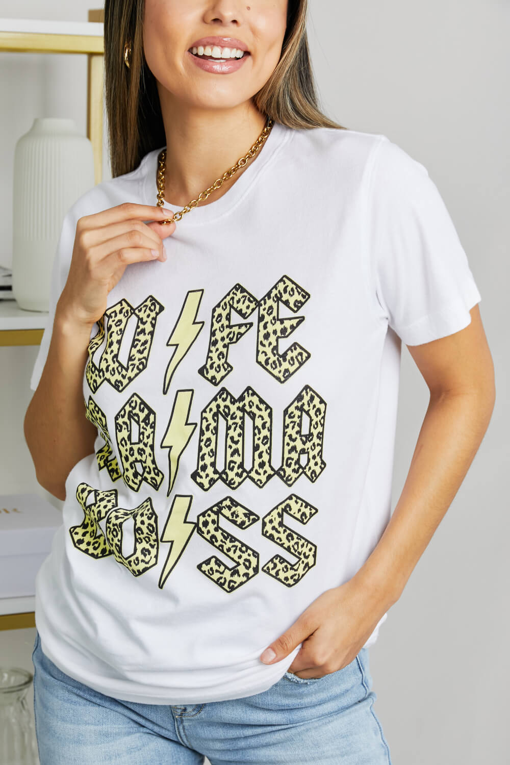 mineB Full Size Leopard Lightning Graphic Tee in White | Tees - CHANELIA