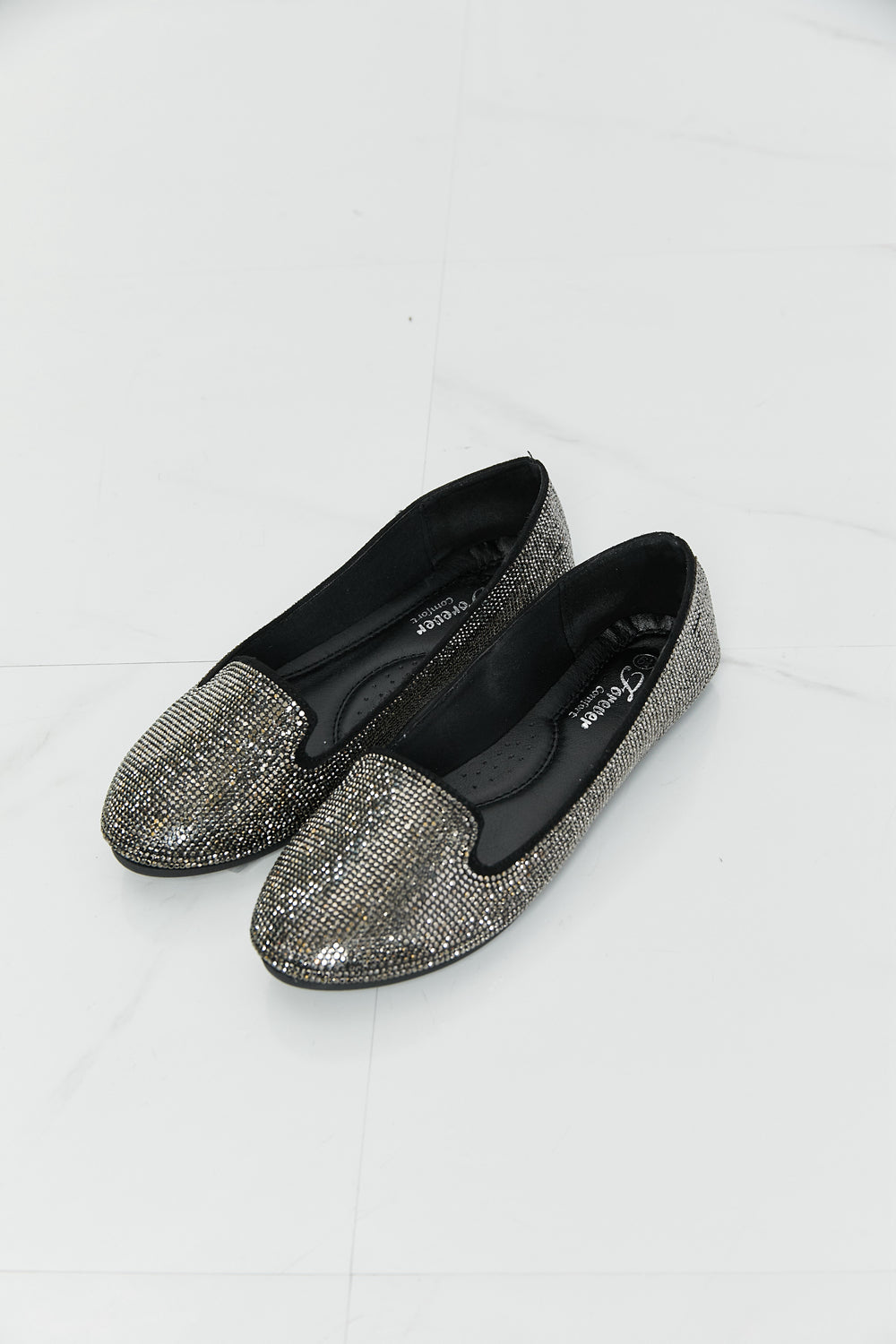 Forever Link Rhinestone Round Toe Flats in Black/Pewter | - CHANELIA