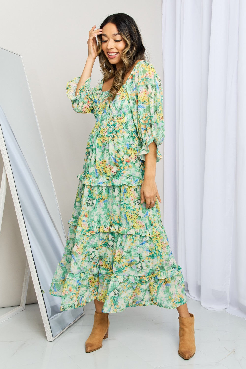 Floral Frill Trim Square Neck Midi Dress | Dresses - CHANELIA