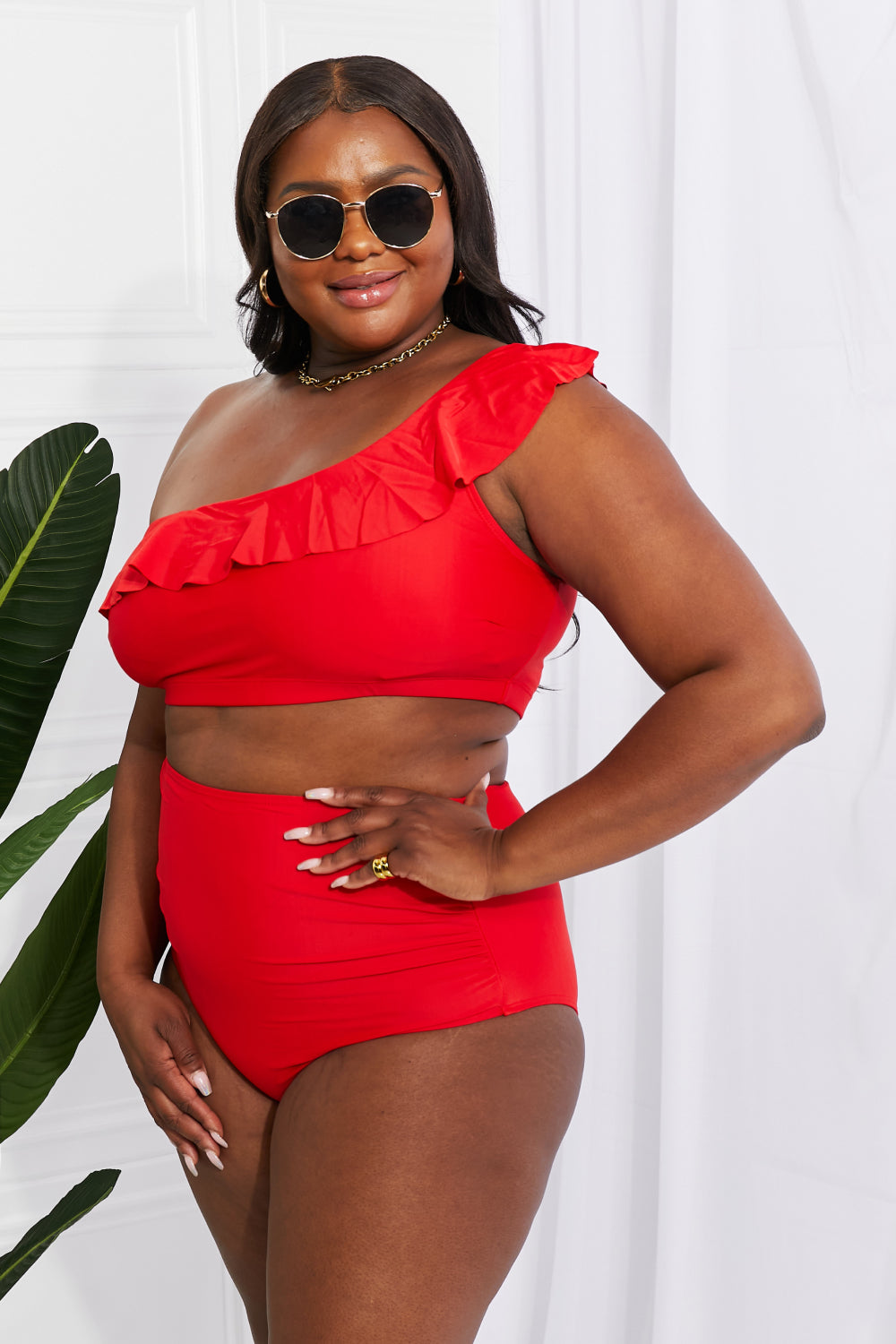 Marina West Swim Seaside Romance Ruffle One-Shoulder Bikini in Red | - CHANELIA