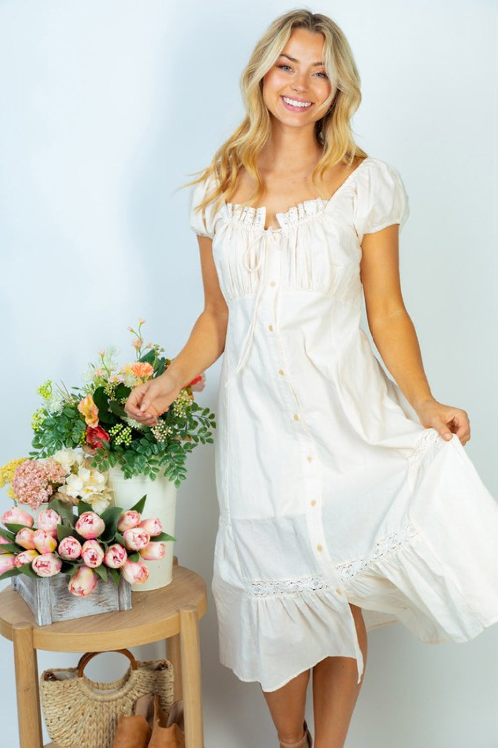 White Birch Flower Market Full Size Lace Trim Midi Dress | Dress - CHANELIA