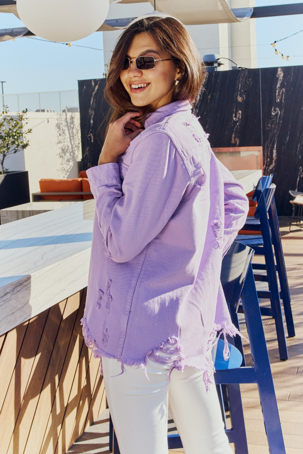 American Bazi Full Size Distressed Button Down Denim Jacket in Lavender | - CHANELIA