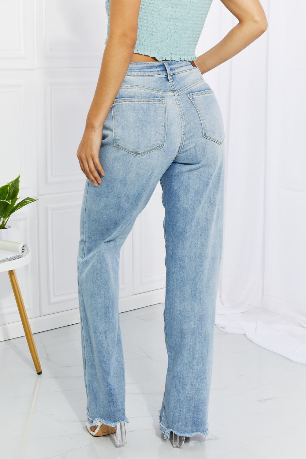 Judy Blue Full Size Cameron High Waist Destroyed Hem Straight Jeans | - CHANELIA