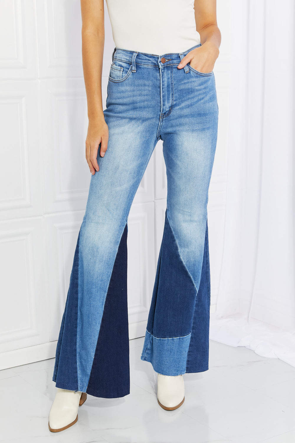 Vibrant Sienna Full Size Color Block Flare Jeans | Jeans - CHANELIA