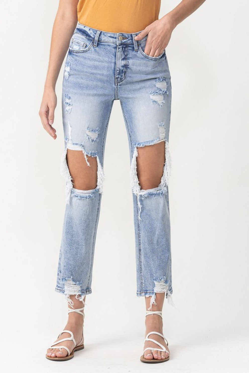 Lovervet Full Size Amari Destroyed High Rise Crop Straight Jeans | - CHANELIA