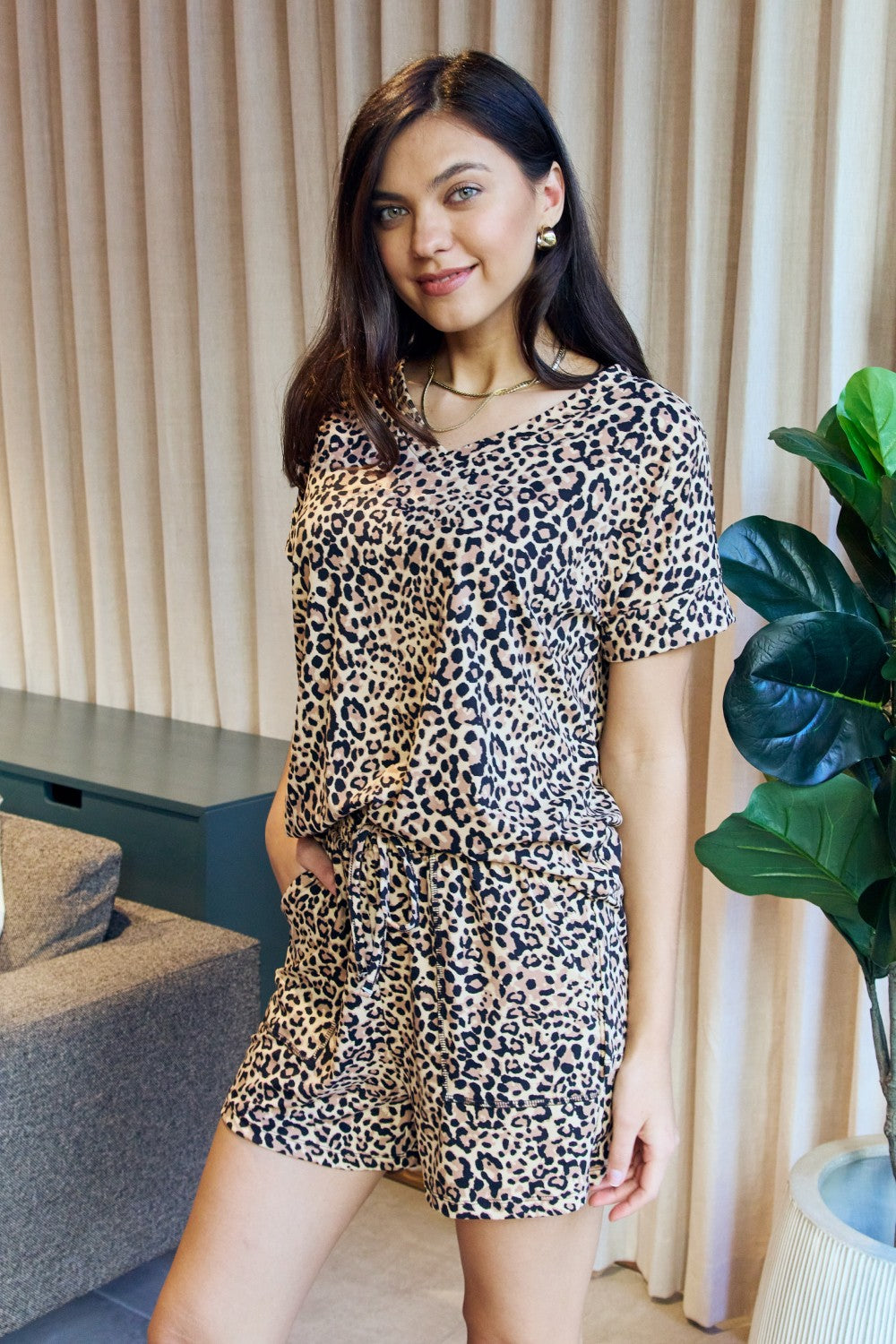Zenana Full Size Leopard V-Neck Top and Drawstring Shorts Lounge Set | - CHANELIA