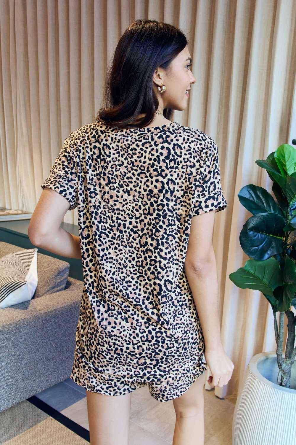 Zenana Full Size Leopard V-Neck Top and Drawstring Shorts Lounge Set | - CHANELIA