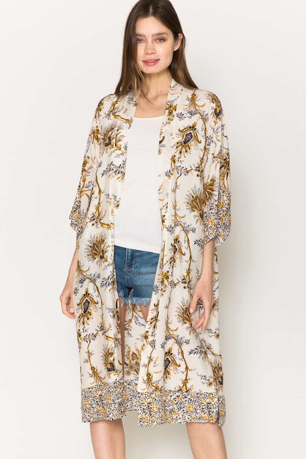 Justin Taylor Floral Open Front Slit Duster Cardigan | - CHANELIA
