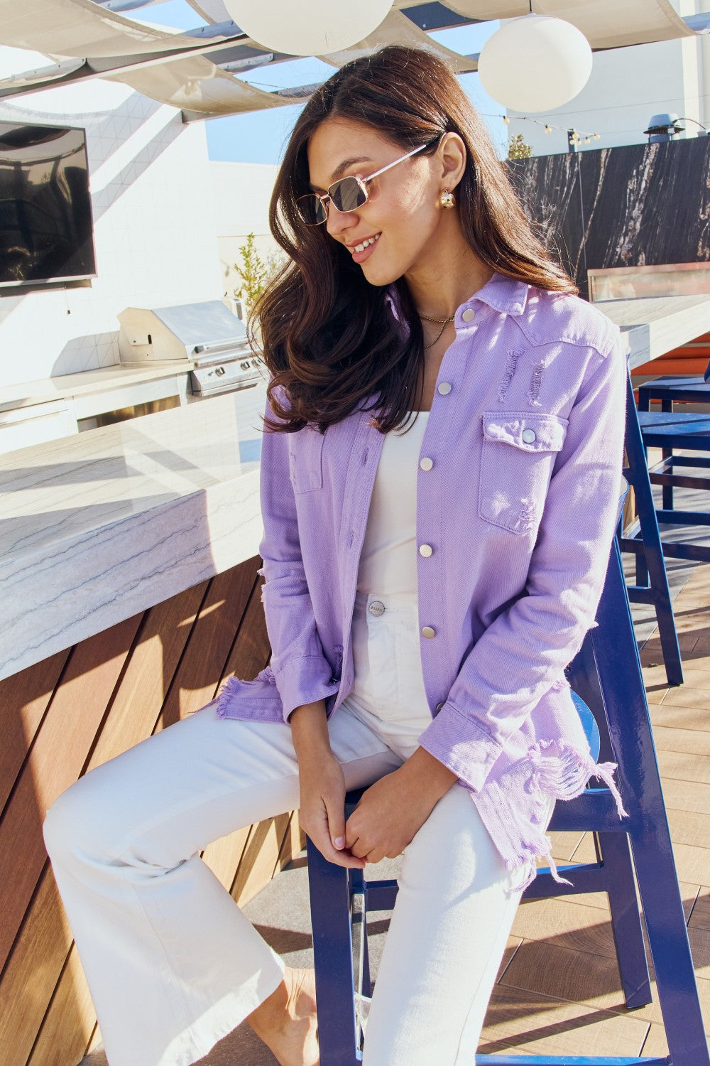 American Bazi Full Size Distressed Button Down Denim Jacket in Lavender | - CHANELIA