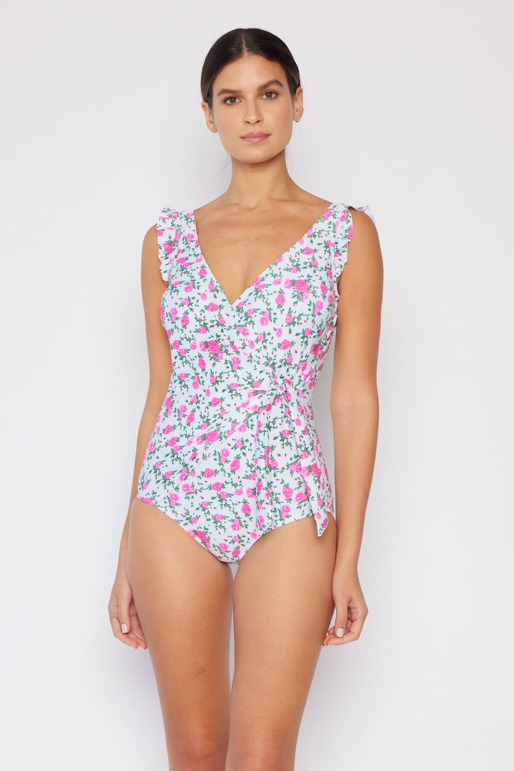 Marina West Swim Full Size Float On Ruffle Faux Wrap One-Piece in Roses Off-White | - CHANELIA