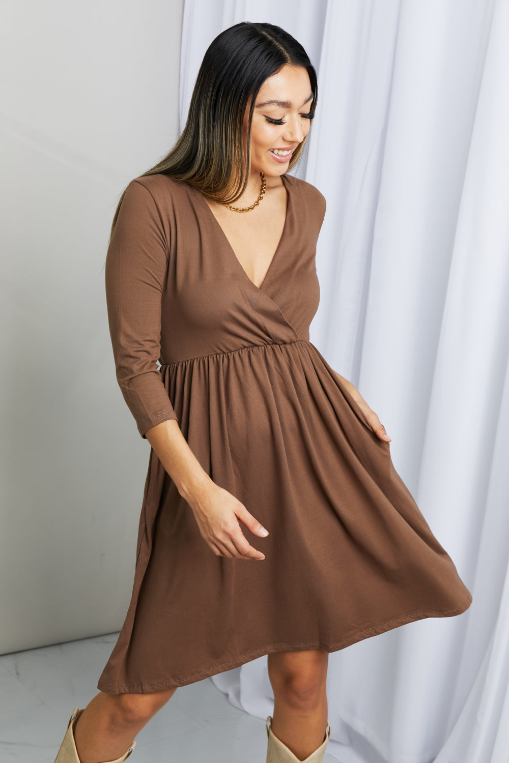 Zenana Three-Quarter Sleeve Surplice Dress with Pockets in Mocha | Dresses - CHANELIA