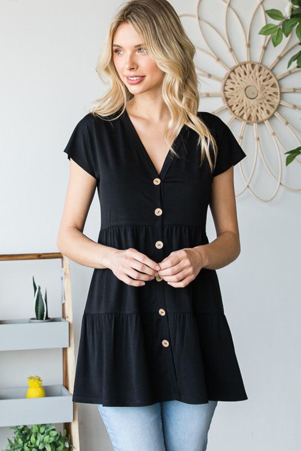 Heimish Full Size Buttoned V-Neck Tiered Top | Tops - CHANELIA