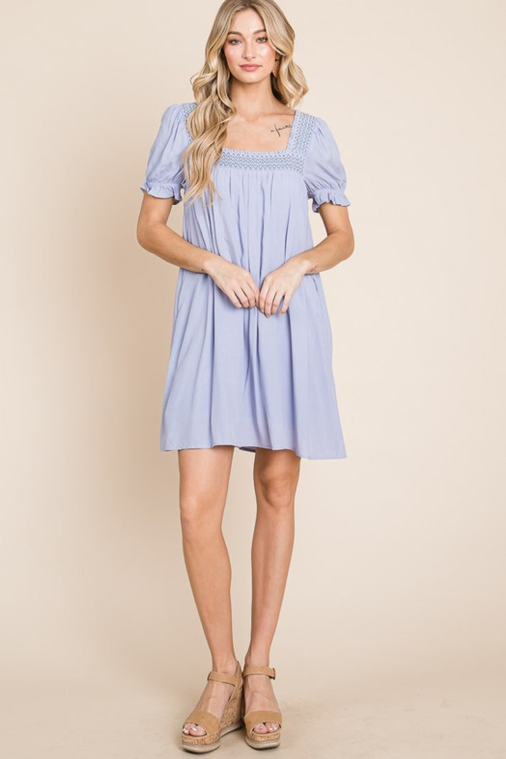 Scenic Overlook: Puff Sleeve Embroidered Mini Dress | Shorts - CHANELIA