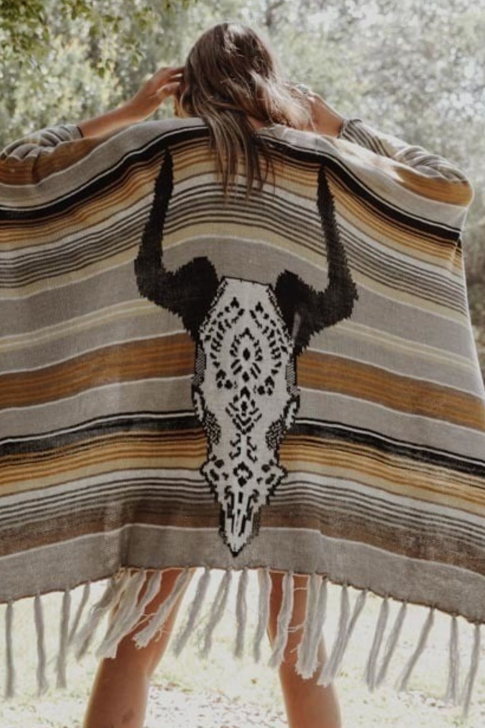 Leto Desert Wanderer Cow Skull Striped Poncho | - CHANELIA