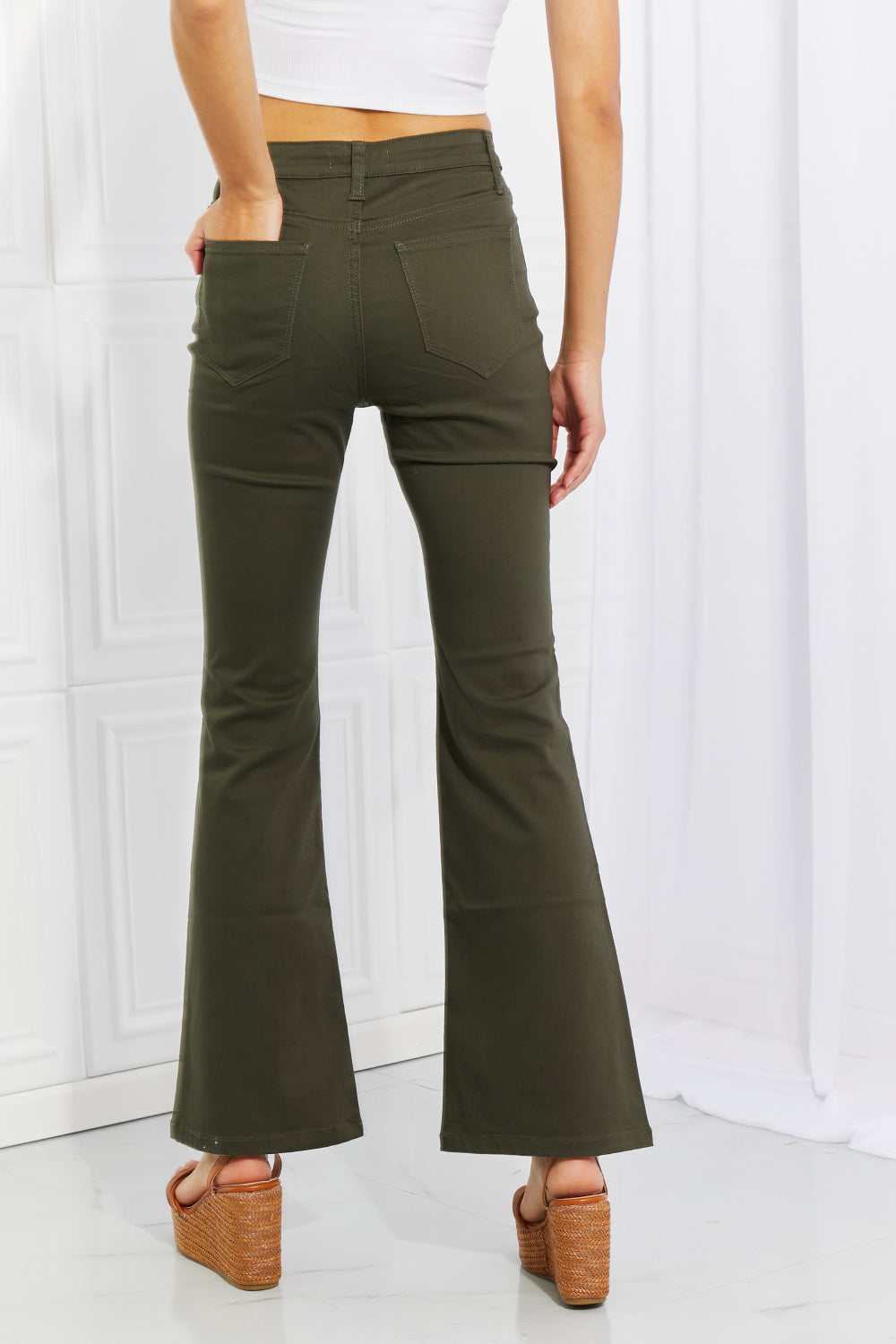 Zenana Clementine Full Size High-Rise Bootcut Pants in Dark Olive | Pants - CHANELIA