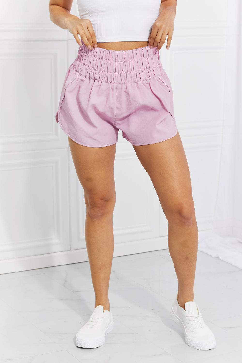 Zenana Cross Country Smocked Waist Running Shorts in Pink | - CHANELIA
