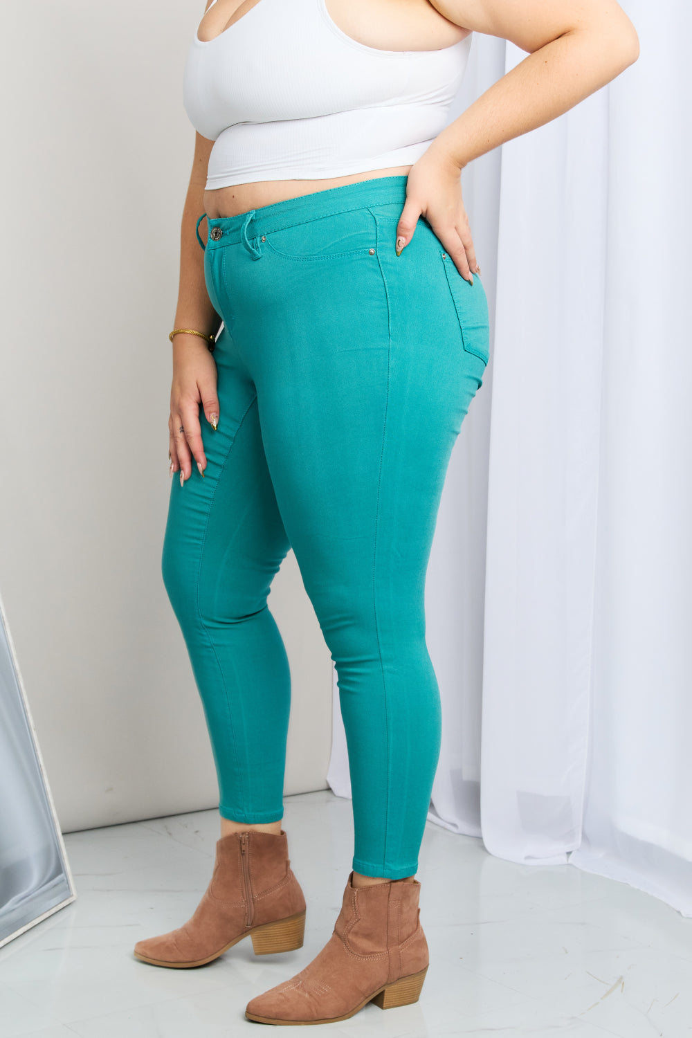Kate Hyper-Stretch Full Size Mid-Rise Skinny Jeans in Sea Green | Jeans - CHANELIA