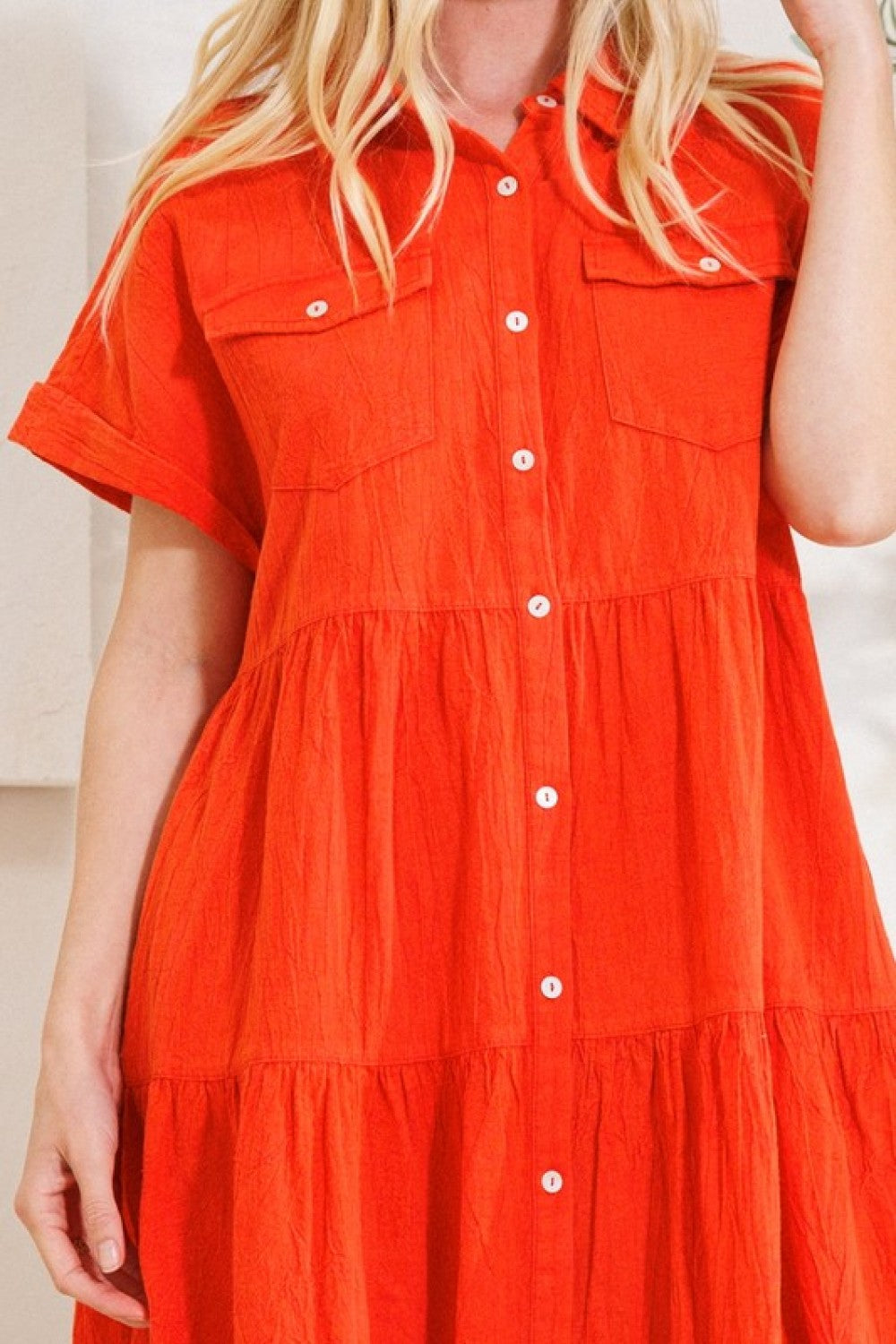 ODDI Full Size Button Front Tiered Shirt Dress | - CHANELIA
