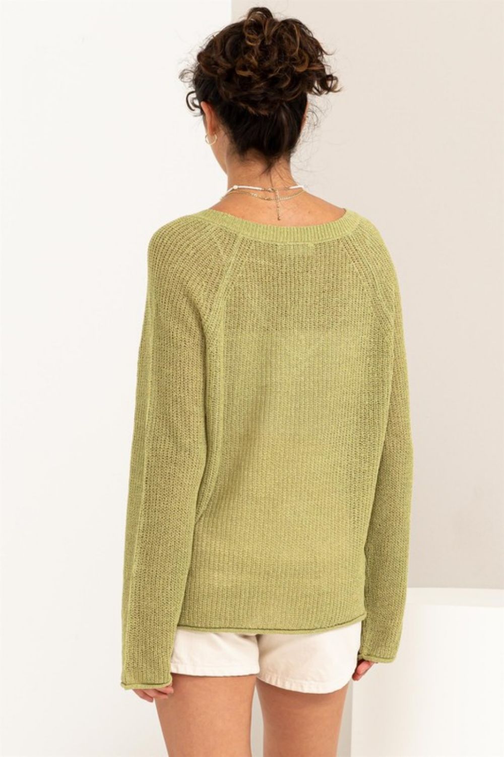 HYFVE Slit Rolled Hem V-Neck Knit Sweater in Pale Olive | - CHANELIA