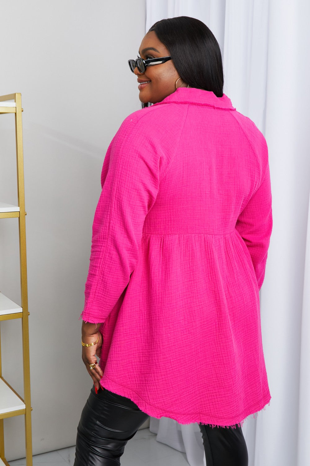 Zenana Bright and Airy Raw Edge Peplum Shirt with Pockets in Hot Pink | - CHANELIA