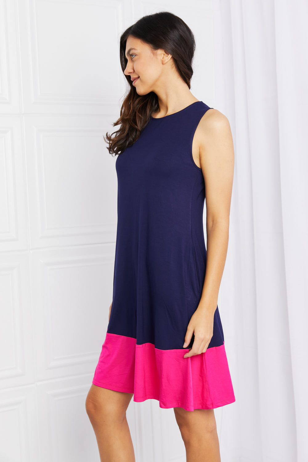 Yelete Full Size Two-Tone Sleeveless Mini Dress with Pockets | Dresses - CHANELIA