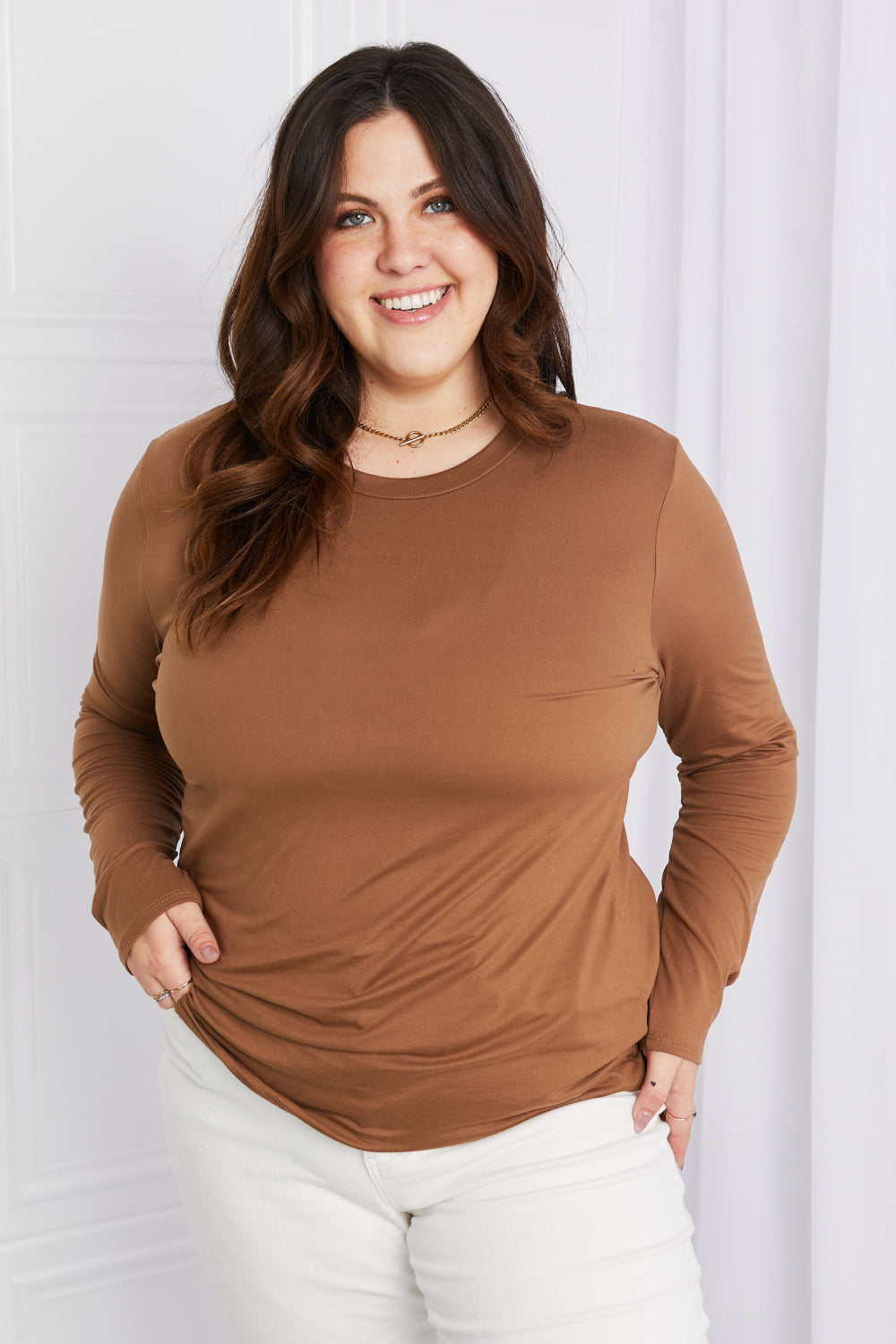 Acting Pro Full Size Elbow Patch Round Neck Top | Tops - CHANELIA