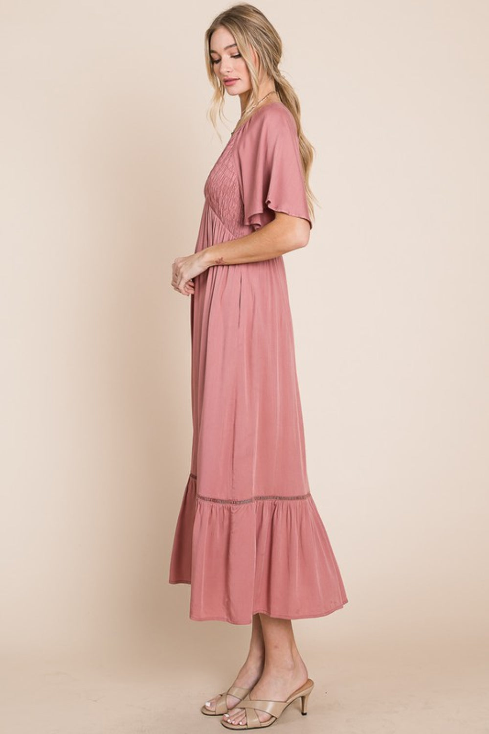 HEYSON Full Size Smocked Pocket Midi Dress in Rouge Pink | - CHANELIA