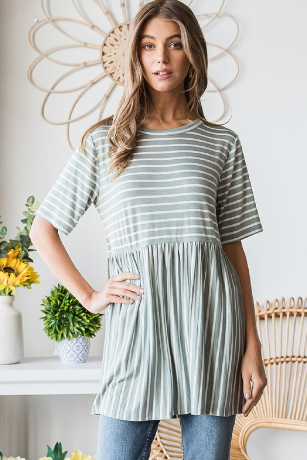Heimish Full Size Striped Round Neck Babydoll Tee in Sage/Ivory | Tees - CHANELIA