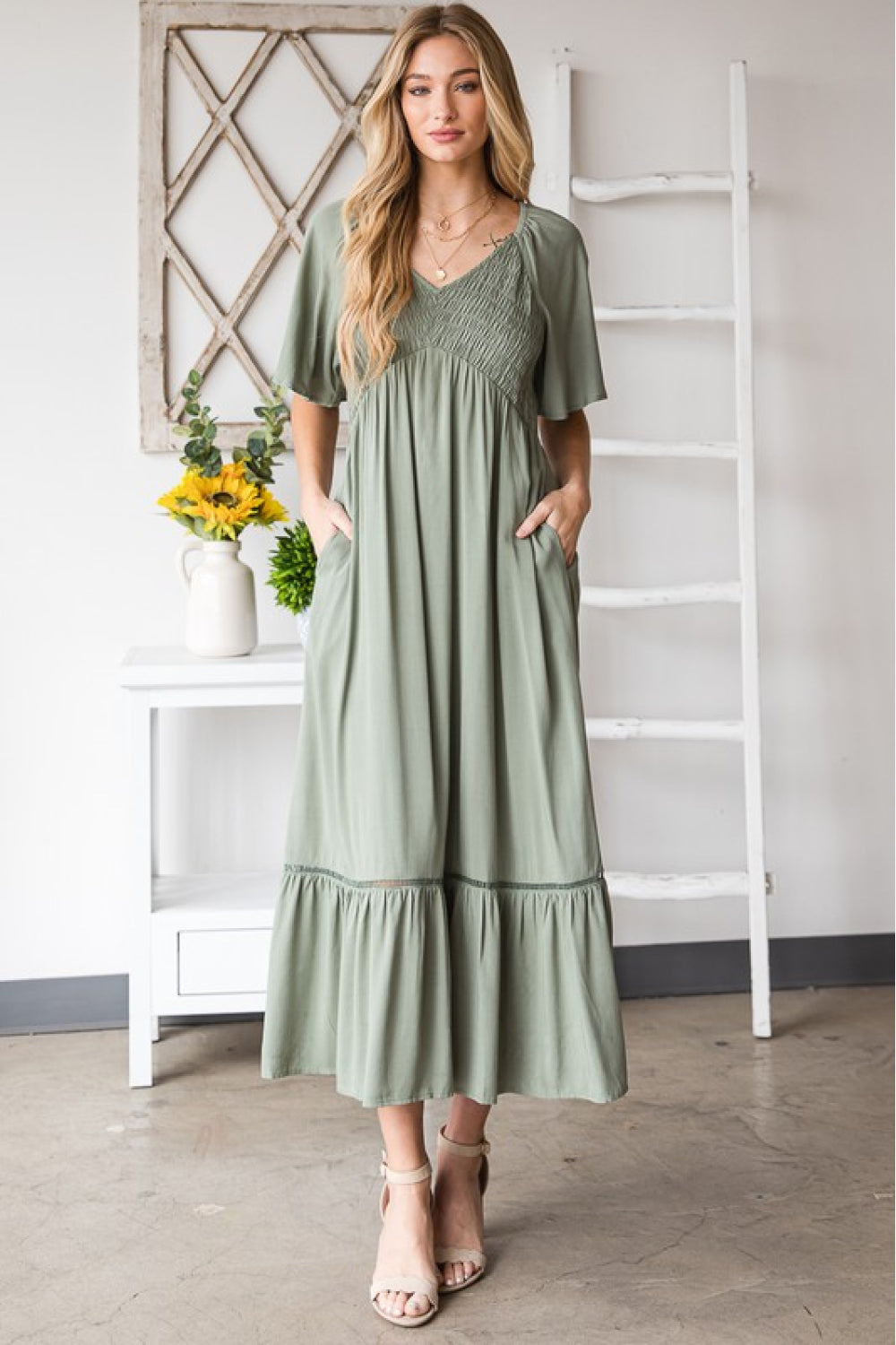 HEYSON Full Size Smocked Pocket Midi Dress in Sage | - CHANELIA