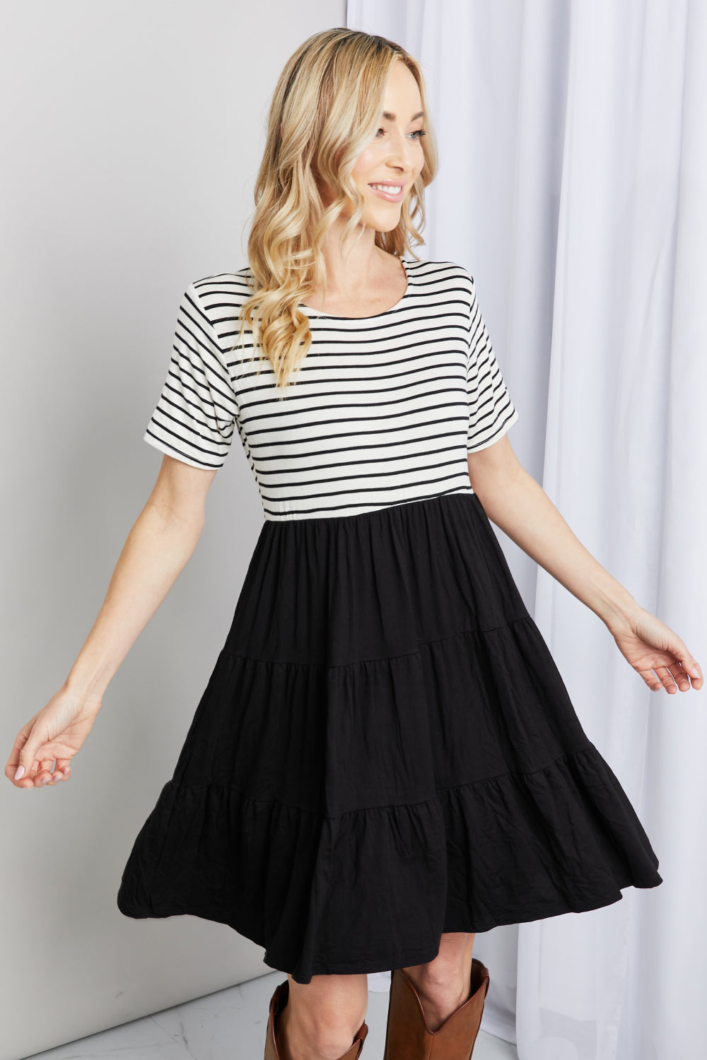 Heimish Full Size Two-Tone Short Sleeve Spliced Dress | - CHANELIA