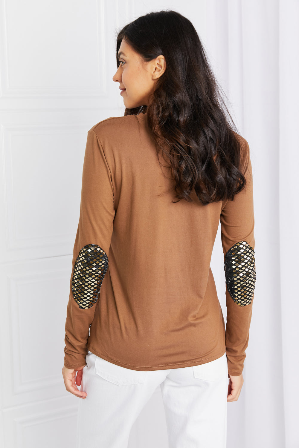 Acting Pro Full Size Elbow Patch Round Neck Top | Tops - CHANELIA