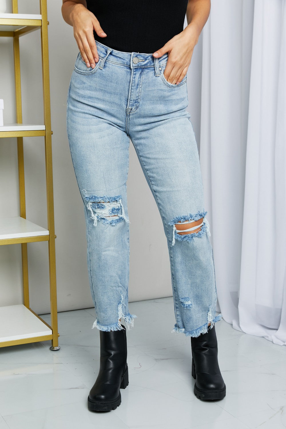 RISEN Full Size Distressed Fringe Hem Cropped Jeans | - CHANELIA