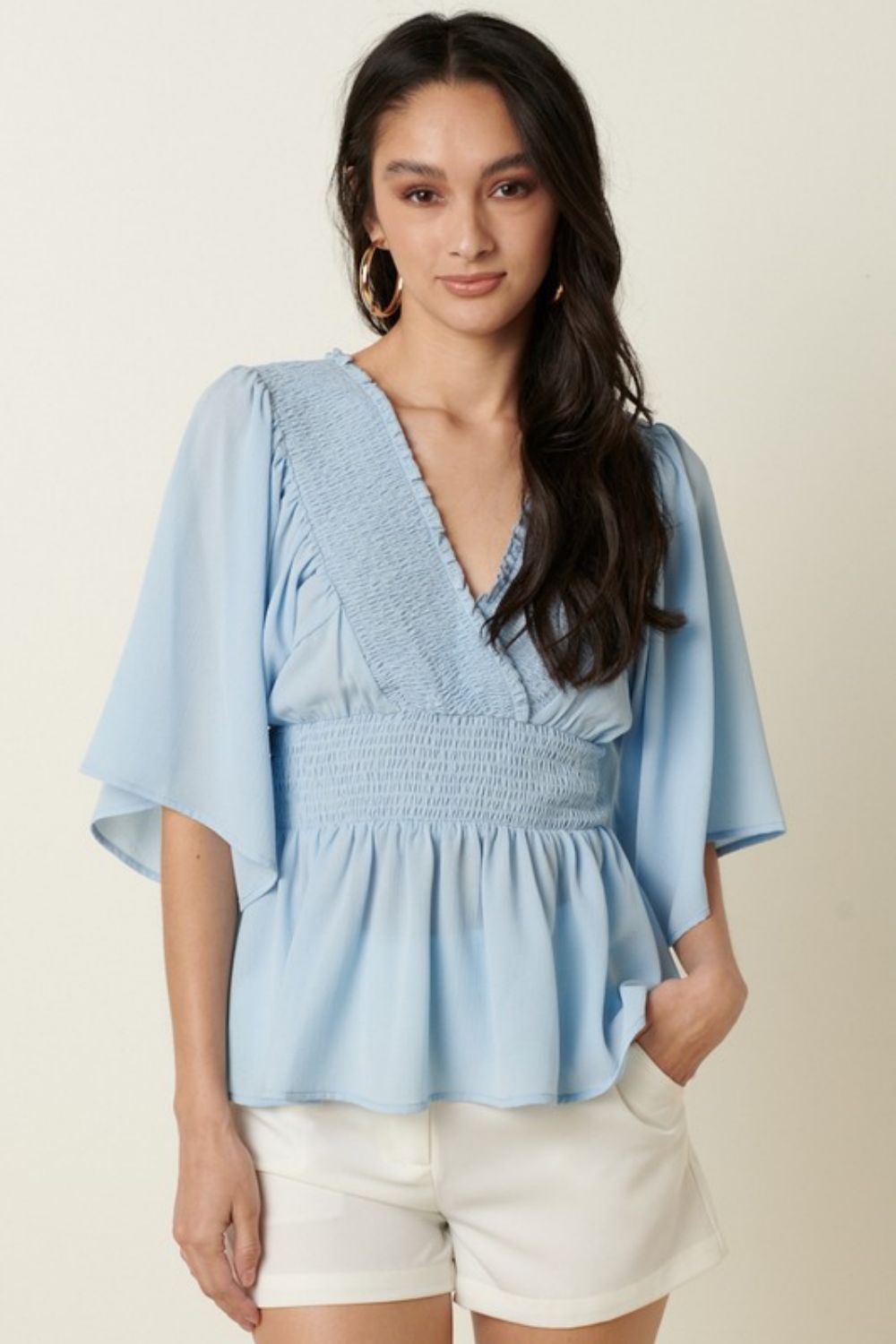 Mittoshop R.S.V.P. Full Size Run Flare Sleeve Peplum Blouse in Blue | - CHANELIA