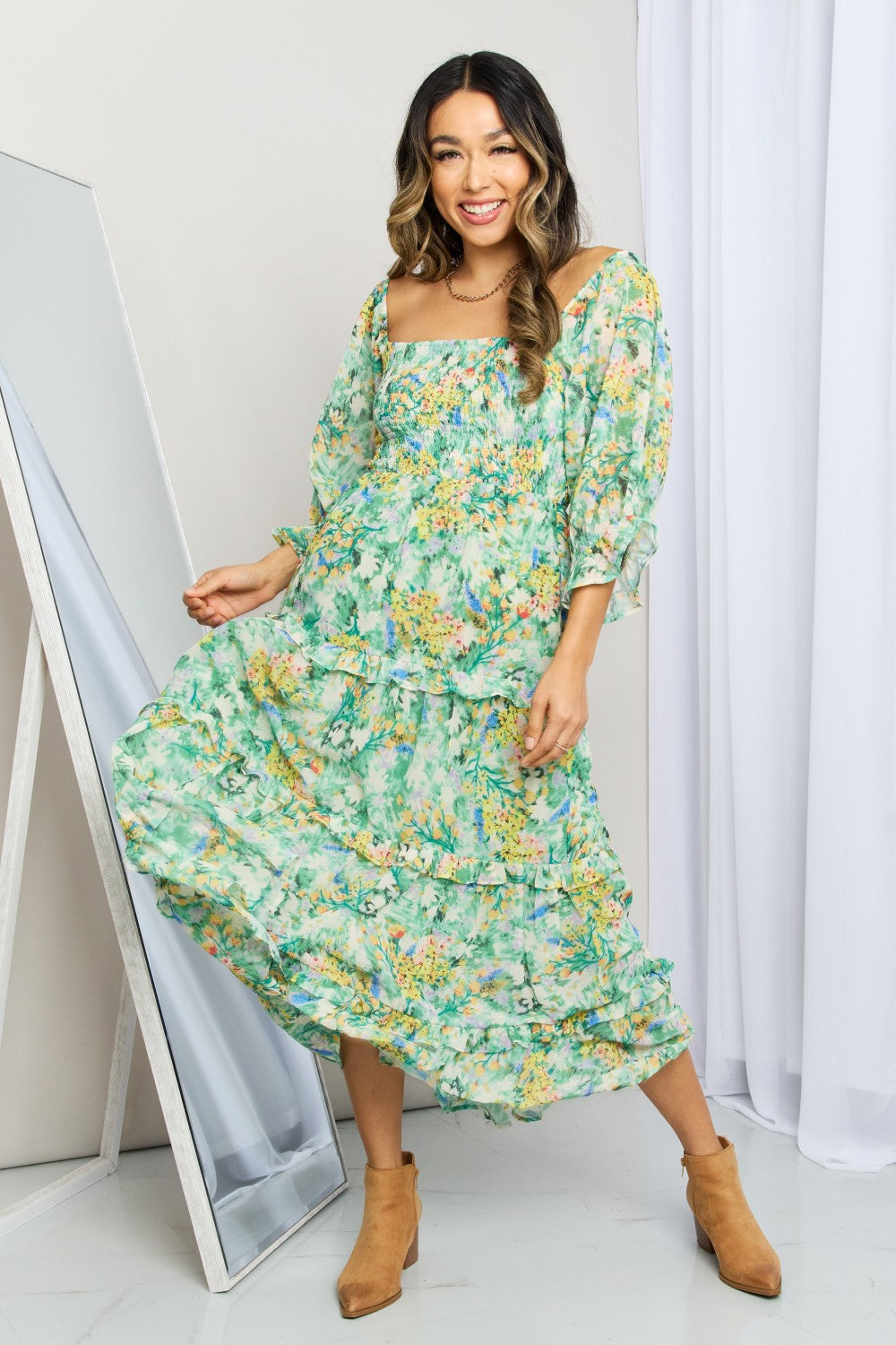 Floral Frill Trim Square Neck Midi Dress | Dresses - CHANELIA