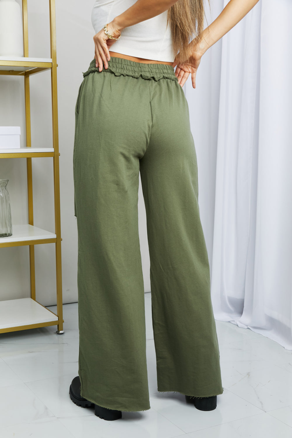 Zenana Full Size Drawstring Waist Distressed Wide Leg Pants in LT Olive | Pants - CHANELIA