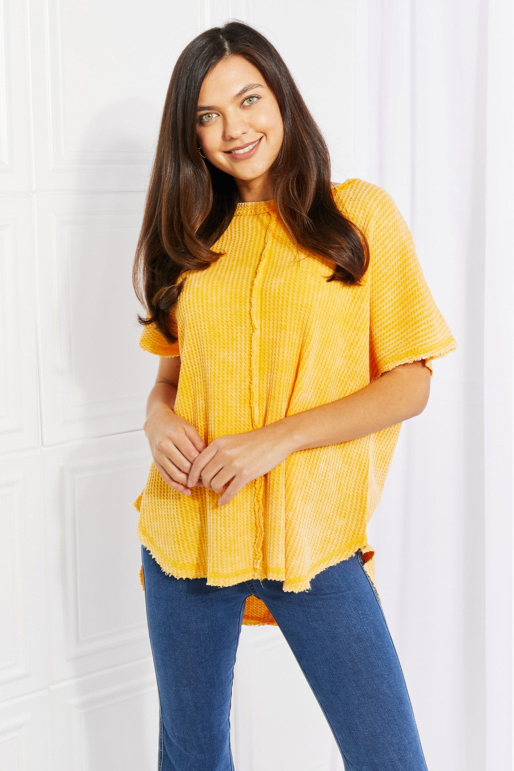 Zenana Start Small Washed Waffle Knit Top in Yellow Gold | Top - CHANELIA