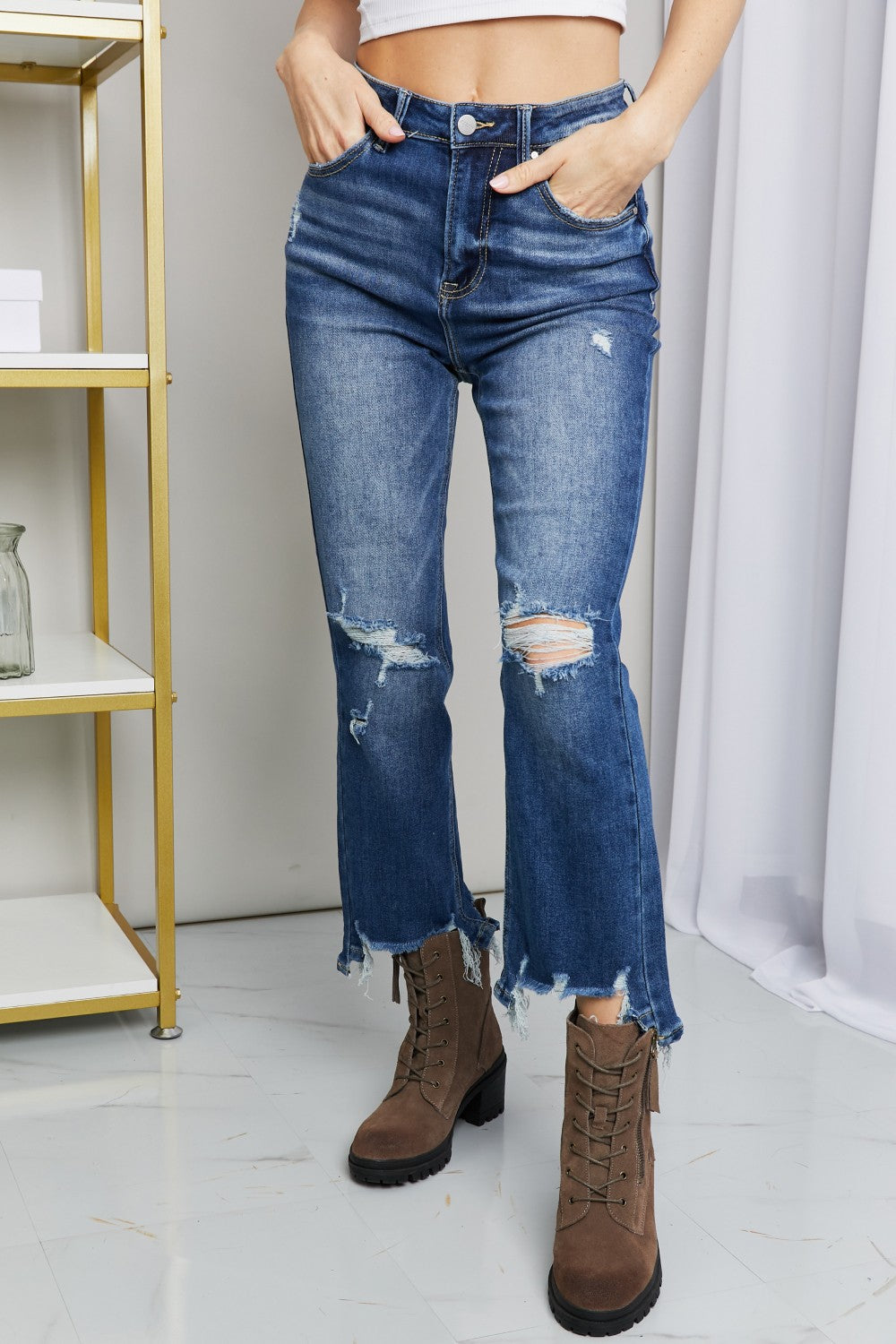 RISEN Full Size Frayed Hem Distressed Cropped Jeans | Jeans - CHANELIA